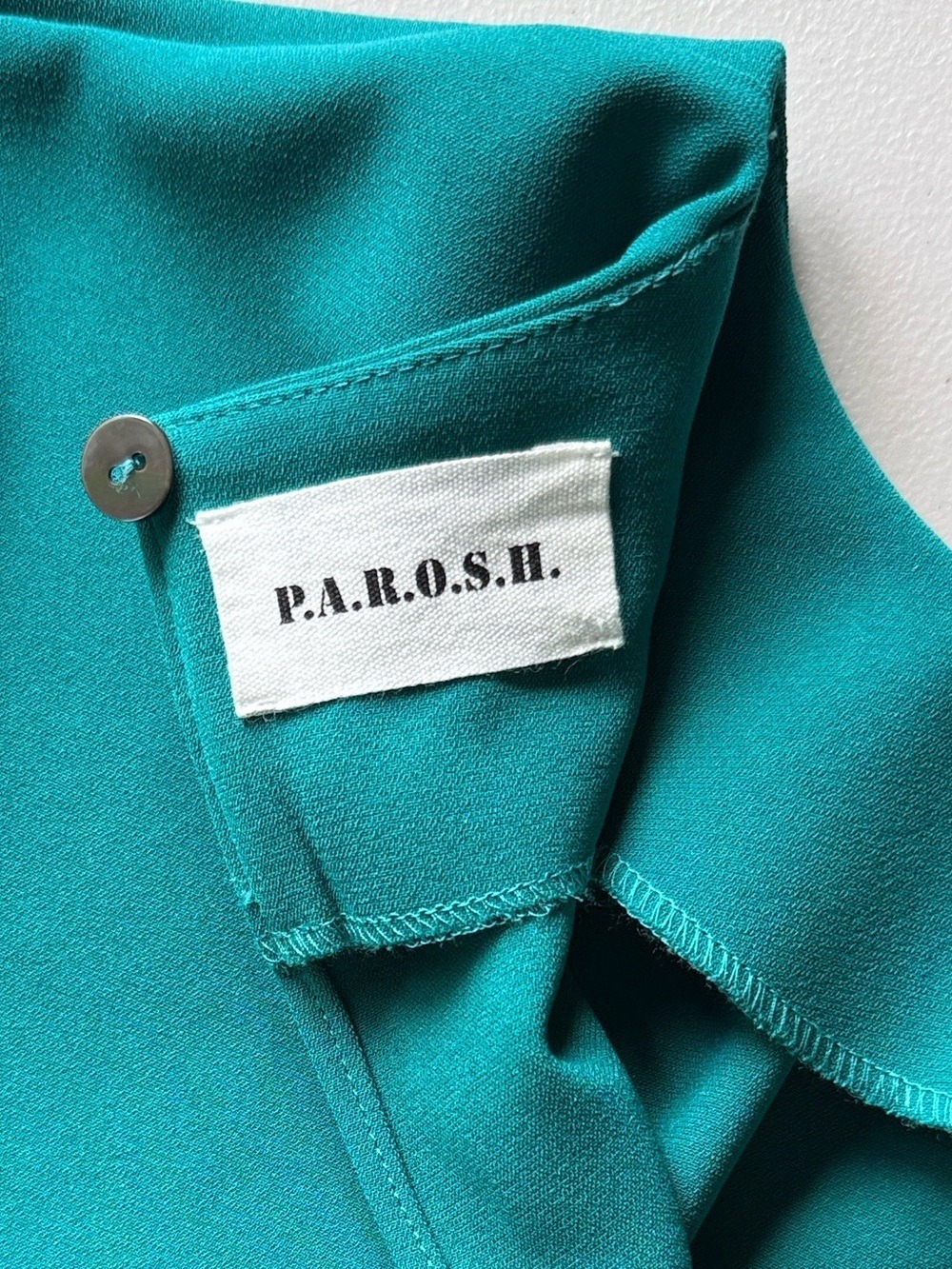 P.A.R.O.S.H. Italian Designer Gathered Tie-Waist Blouse Emerald Teal Green Sz S - Picture 10 of 17